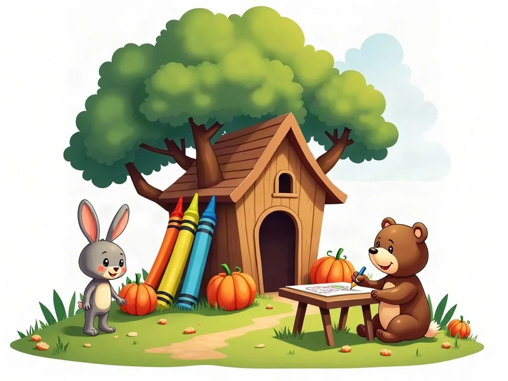 Cheerful illustration of a treehouse clubhouse surrounded by crayons, pumpkins, and friendly animals