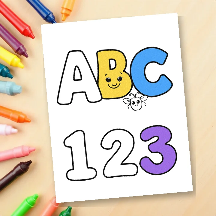 A letter and number coloring page, partly colored, lying next to crayons