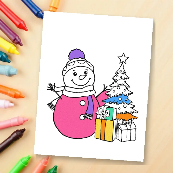 A cozy Christmas coloring page, partly colored, lying next to crayons