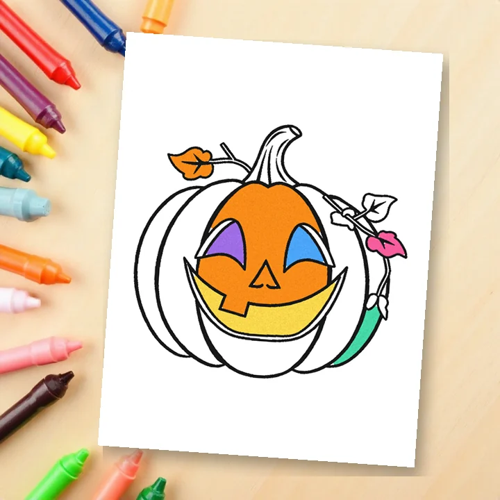 A cute pumpkin coloring page, partly colored in orange, lying next to crayons
