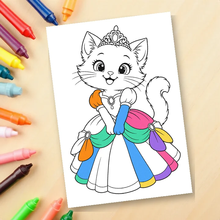 A smiling princess coloring page, partly colored, lying next to crayons