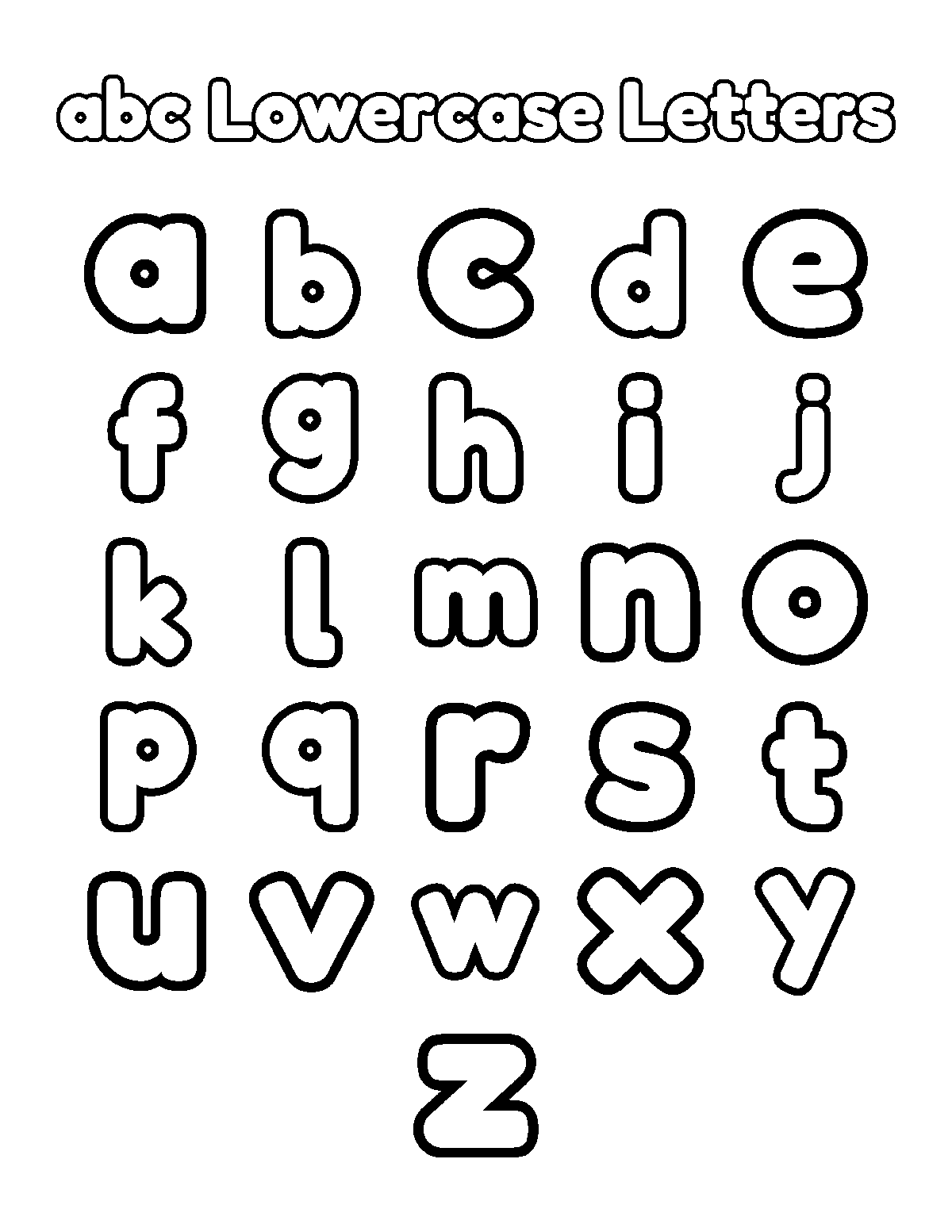 Coloring page of the lowercase letters a through z under the title abc Lowercase Letters