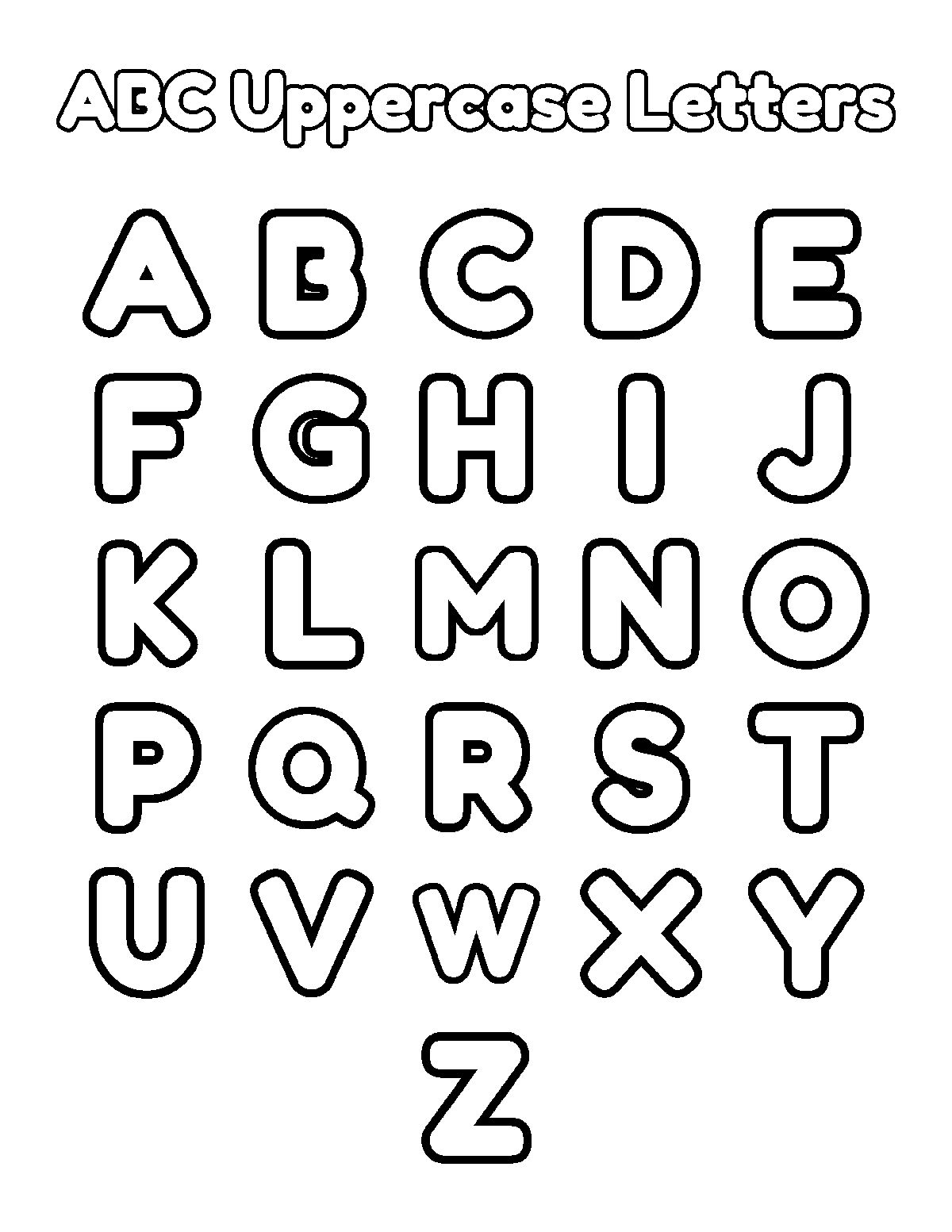 Coloring page of the uppercase letters A through Z under the title ABC Uppercase Letters