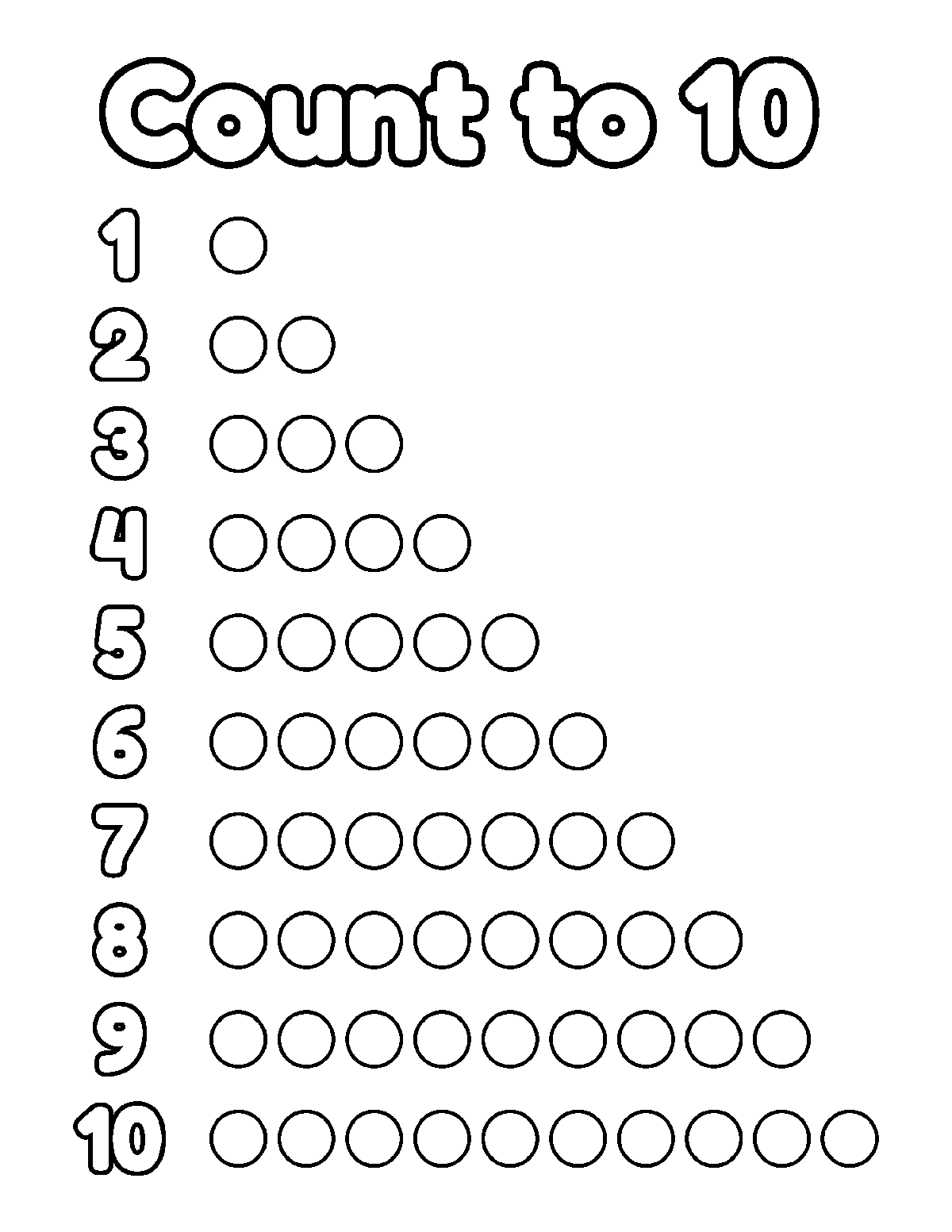 Coloring page of numbers 1 through 10 with matching rows of circles to color