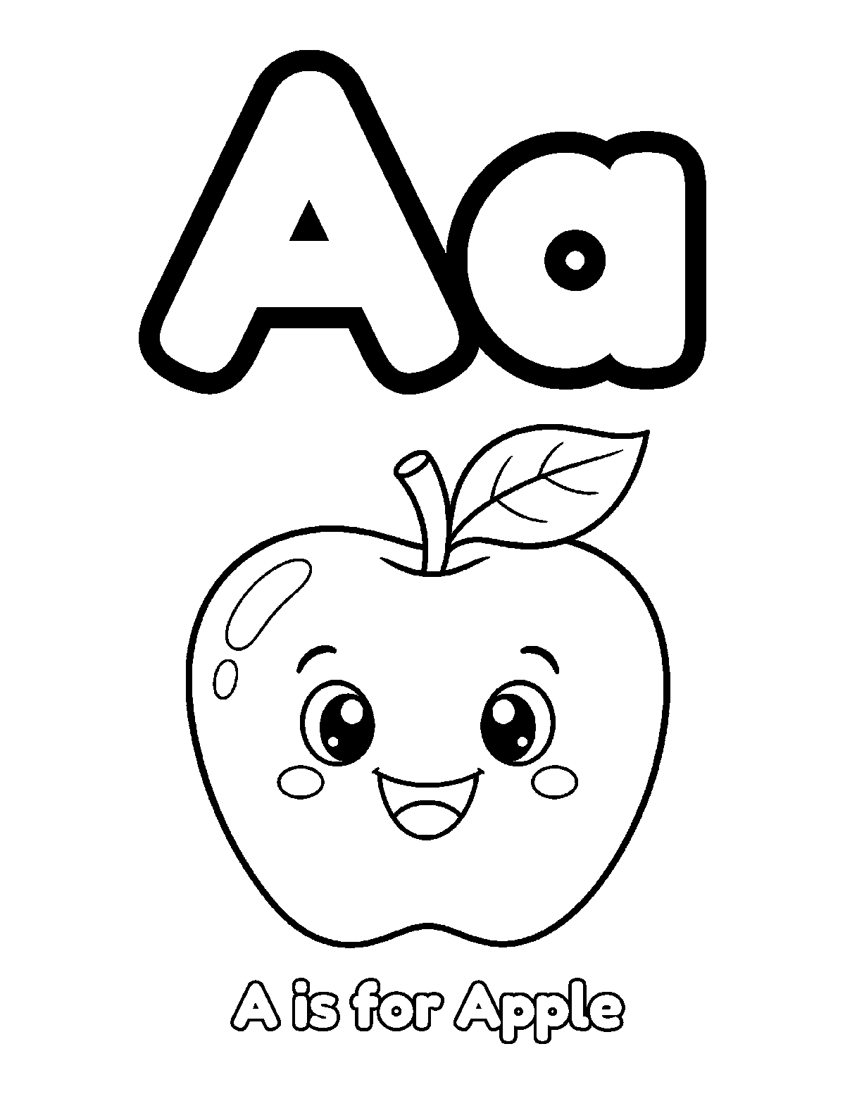 Coloring page of large uppercase and lowercase A with a smiling apple, leaf, stem, and the words A is for Apple
