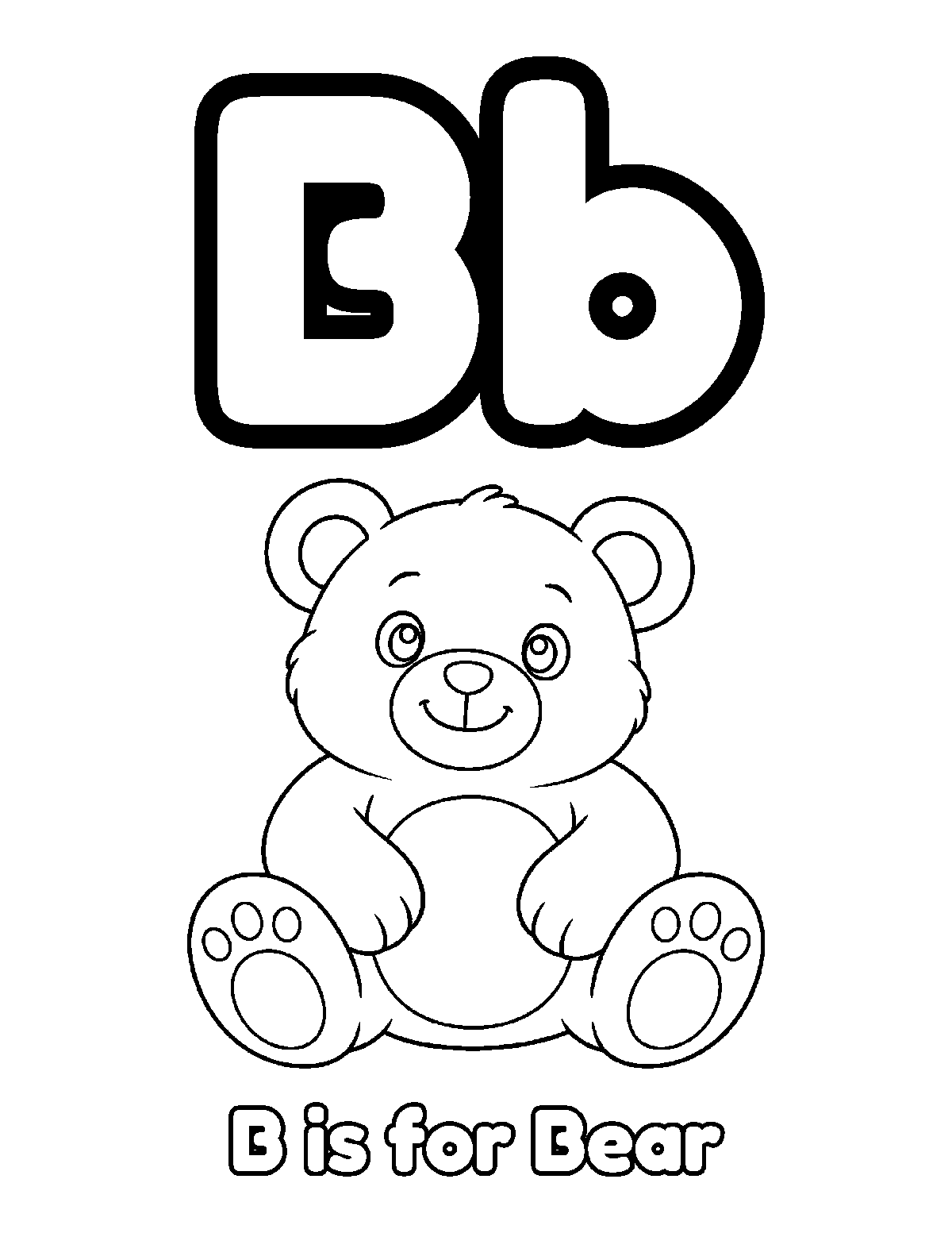Coloring page of large uppercase and lowercase B with a seated smiling bear and the words B is for Bear