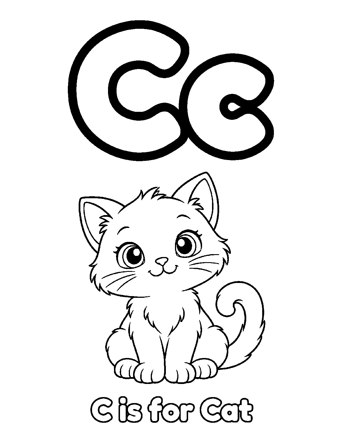 Coloring page of large uppercase and lowercase C with a sitting kitten, curled tail, and the words C is for Cat