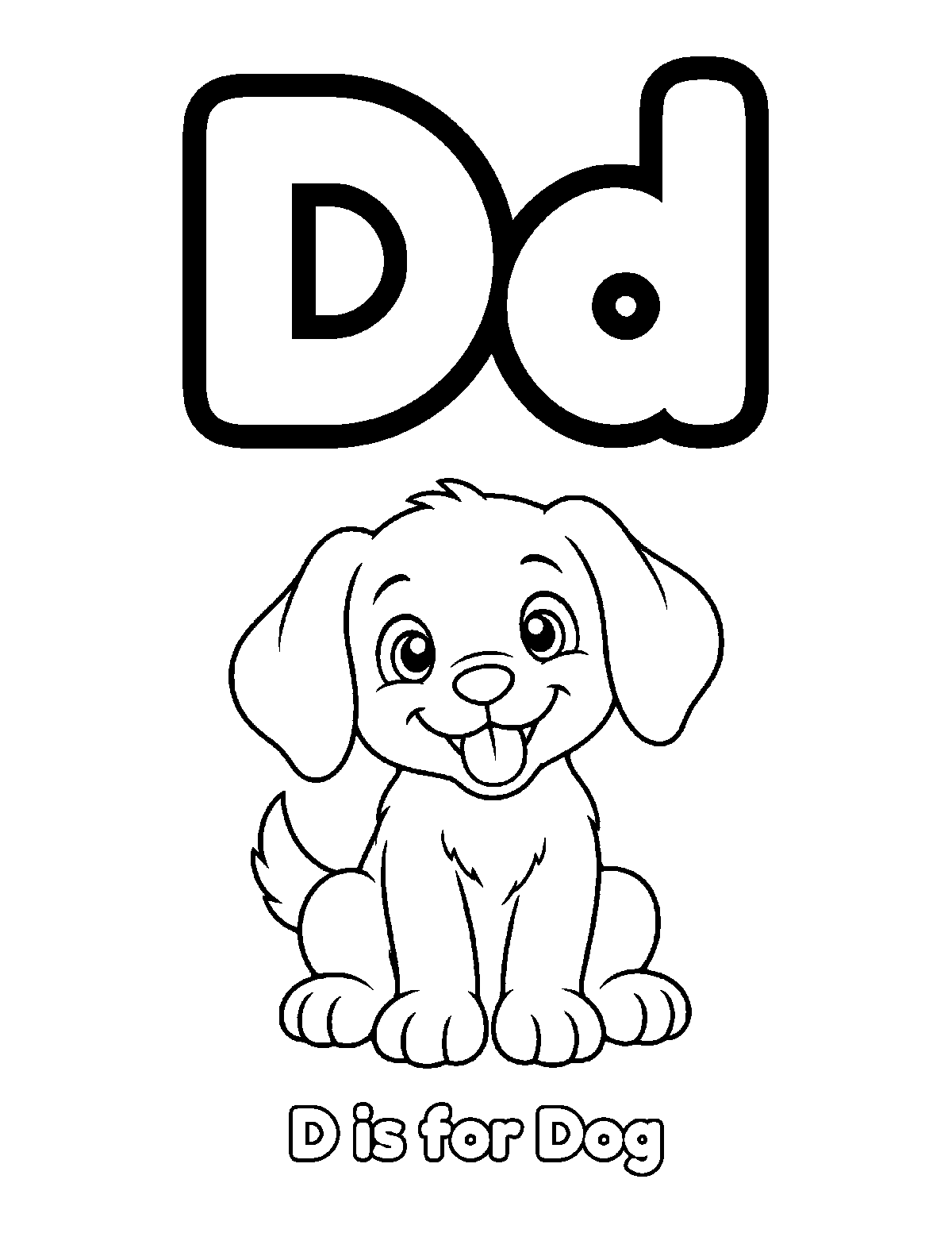 Coloring page of large uppercase and lowercase D with a sitting puppy, floppy ears, tongue, and the words D is for Dog
