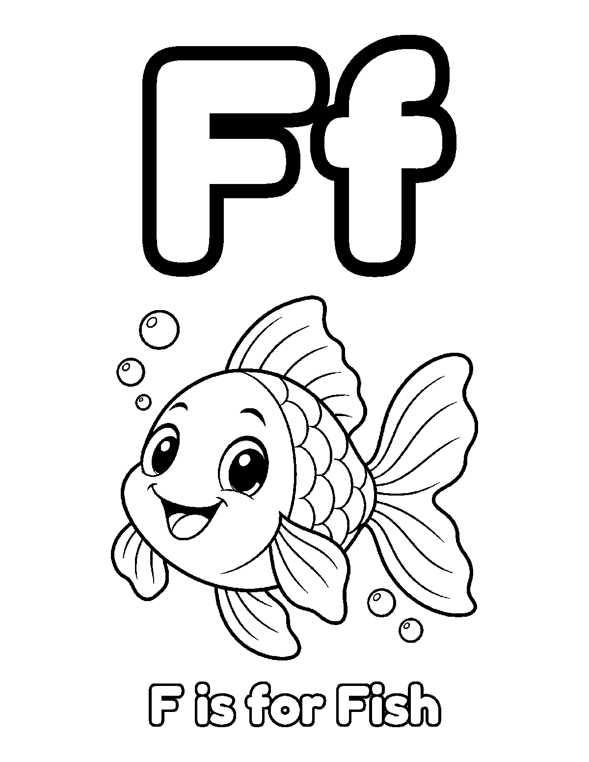 Coloring page of large uppercase and lowercase F with a smiling fish, fins, bubbles, and the words F is for Fish