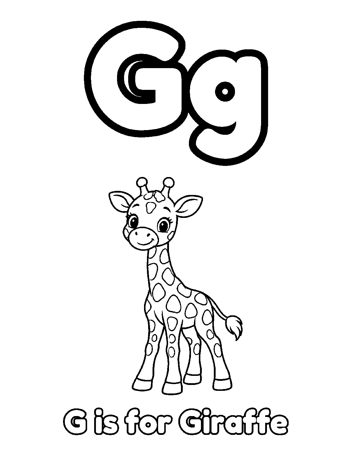 Coloring page of large uppercase and lowercase G with a standing giraffe, spots, tail, and the words G is for Giraffe