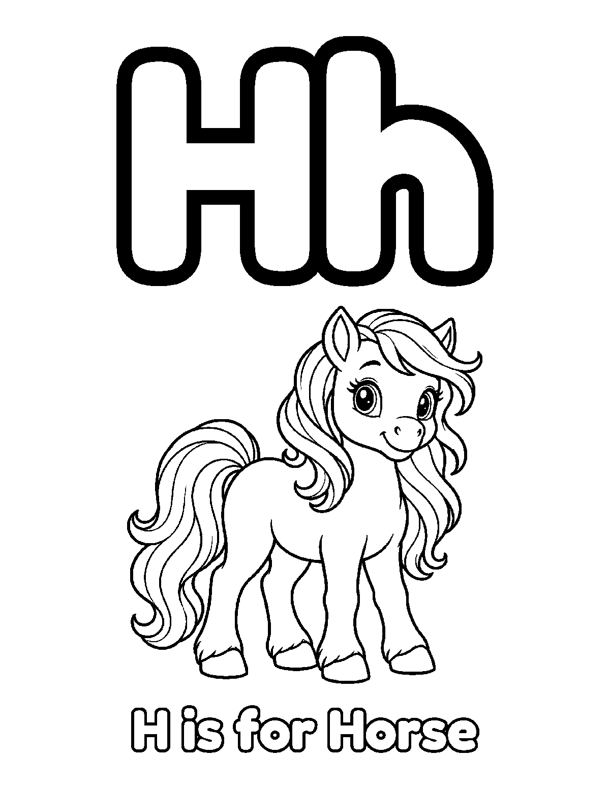 Coloring page of large uppercase and lowercase H with a standing horse, long mane, wavy tail, and the words H is for Horse