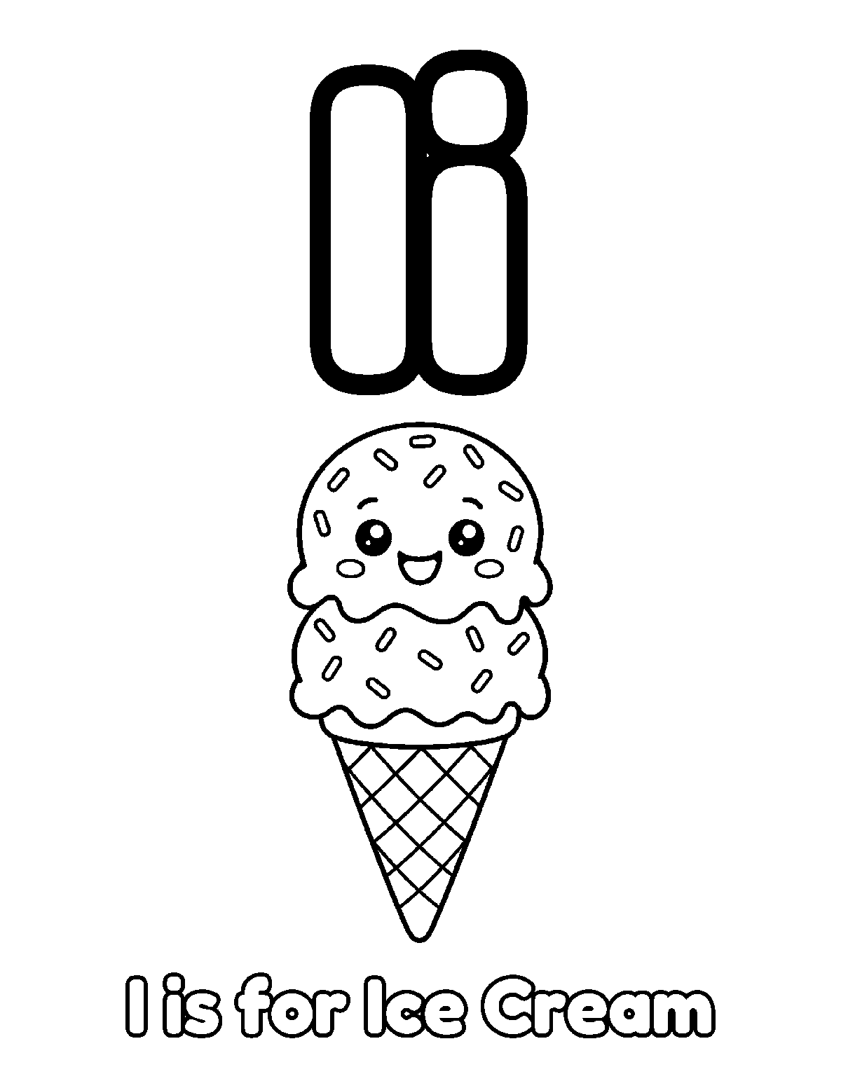 Coloring page of large uppercase and lowercase I with a smiling two scoop ice cream cone and the words I is for Ice Cream