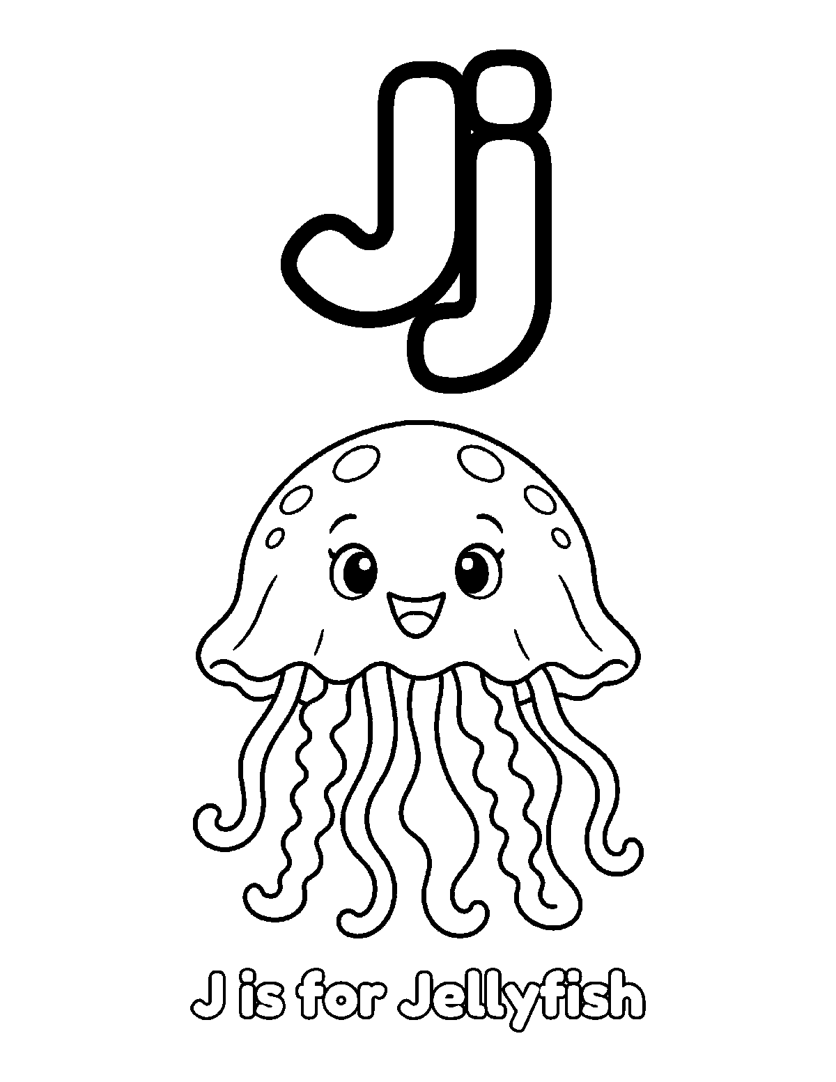 Coloring page of large uppercase and lowercase J with a smiling jellyfish, spots, tentacles, and the words J is for Jellyfish