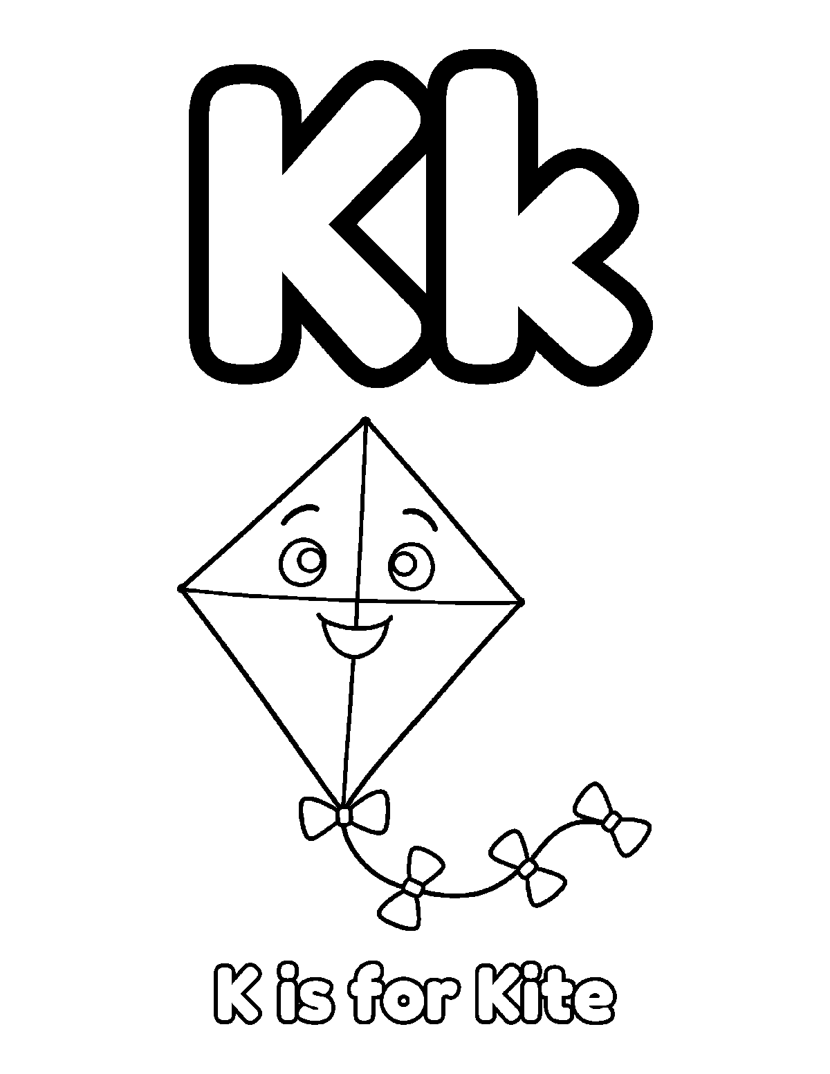Coloring page of uppercase and lowercase letter K with a smiling kite, bow tail, and the words K is for Kite
