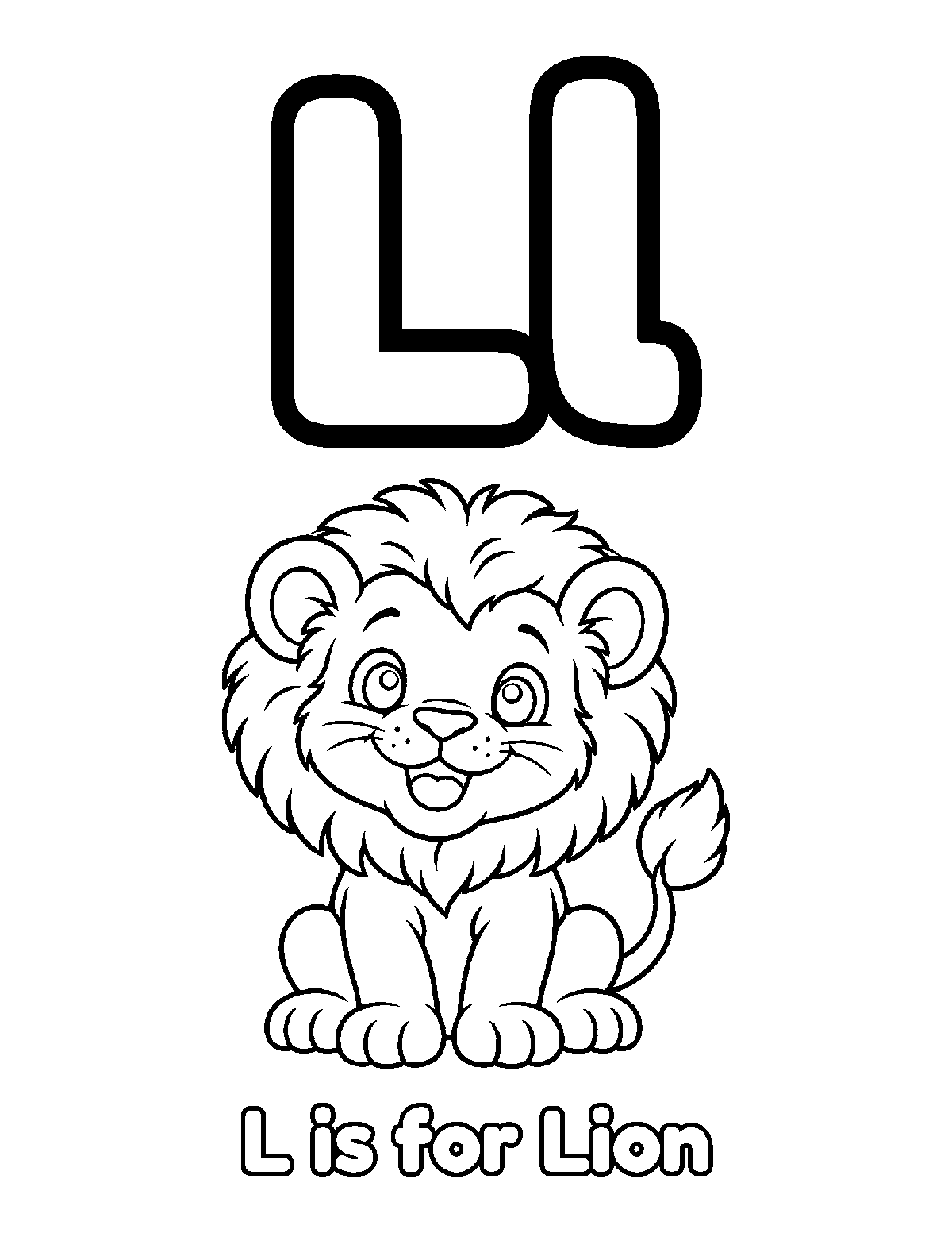 Coloring page of uppercase and lowercase letter L with a smiling lion and the words L is for Lion
