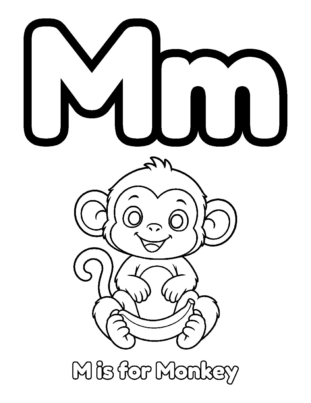 Coloring page of uppercase and lowercase letter M with a smiling monkey holding a banana and the words M is for Monkey