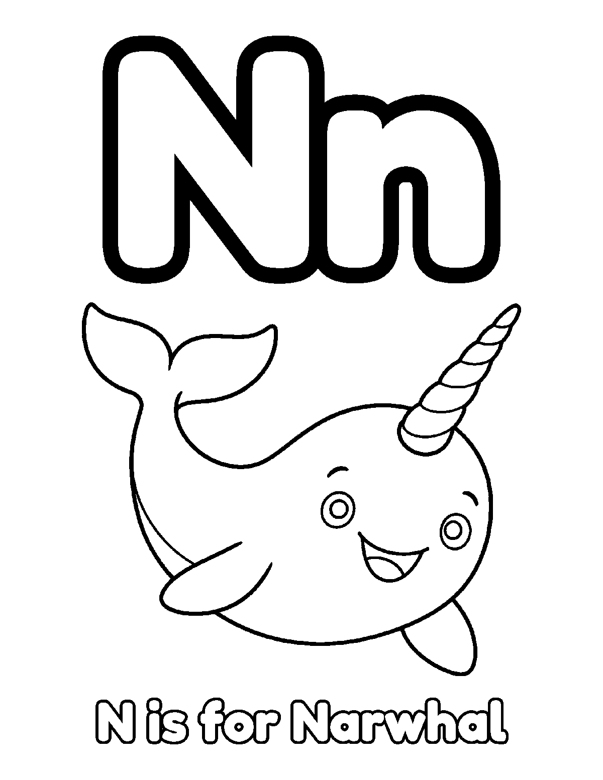 Coloring page of uppercase and lowercase letter N with a smiling narwhal and the words N is for Narwhal