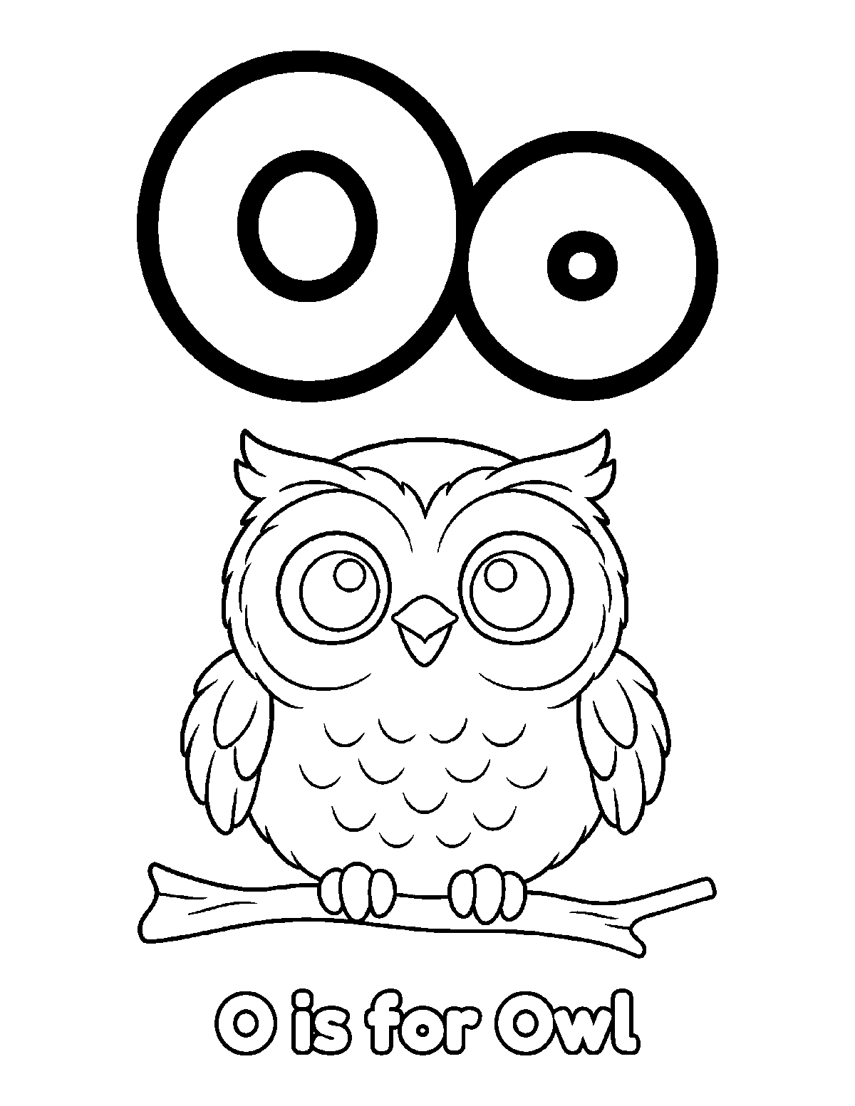 Coloring page of uppercase and lowercase letter O with an owl perched on a branch and the words O is for Owl