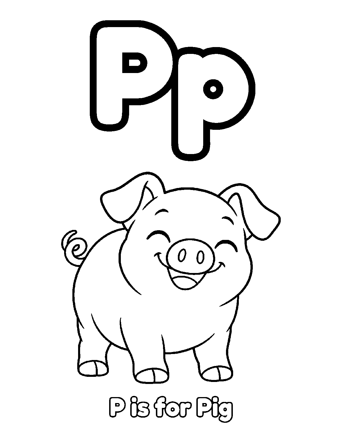 Coloring page of uppercase and lowercase letter P with a smiling pig and the words P is for Pig