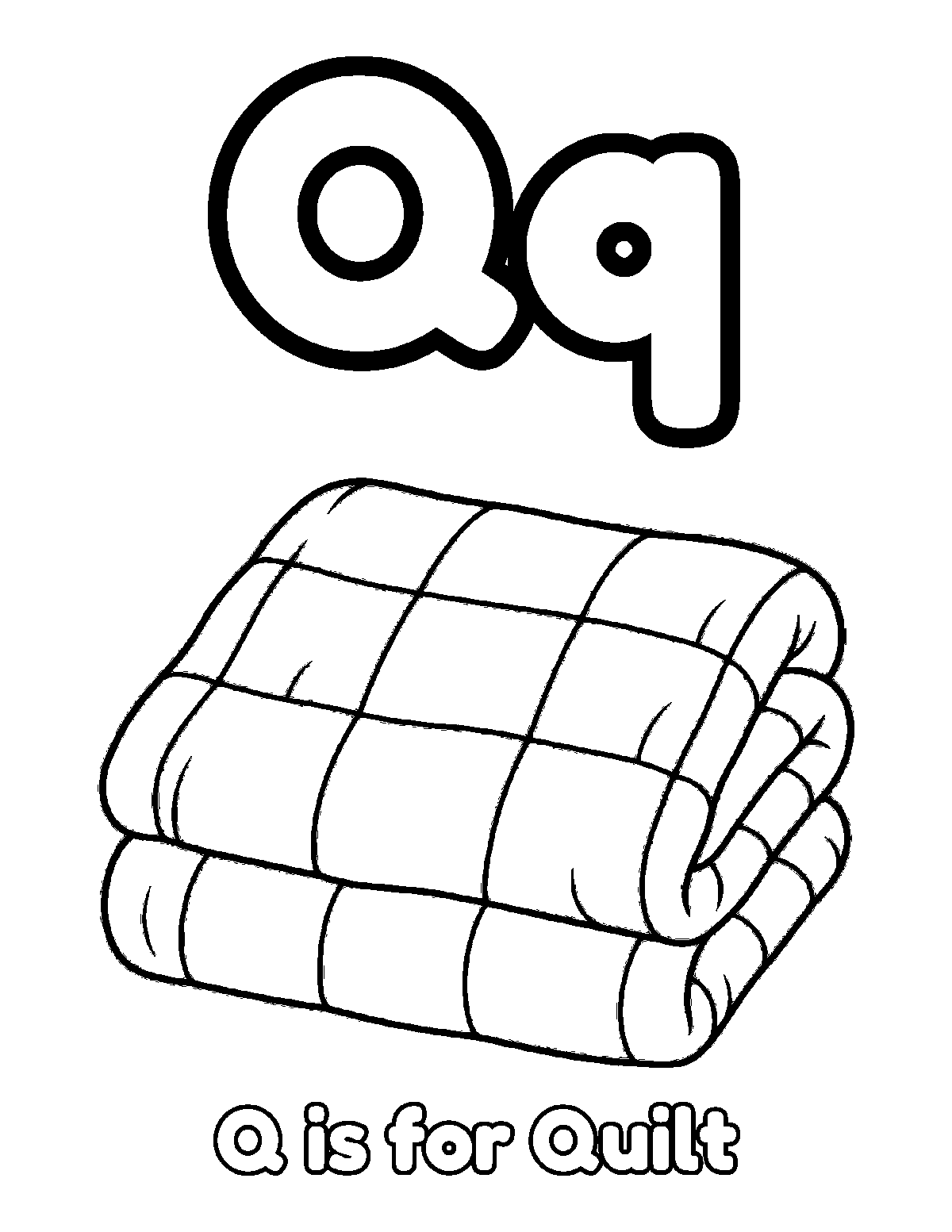 Coloring page of uppercase and lowercase letter Q with a folded patchwork quilt and the words Q is for Quilt
