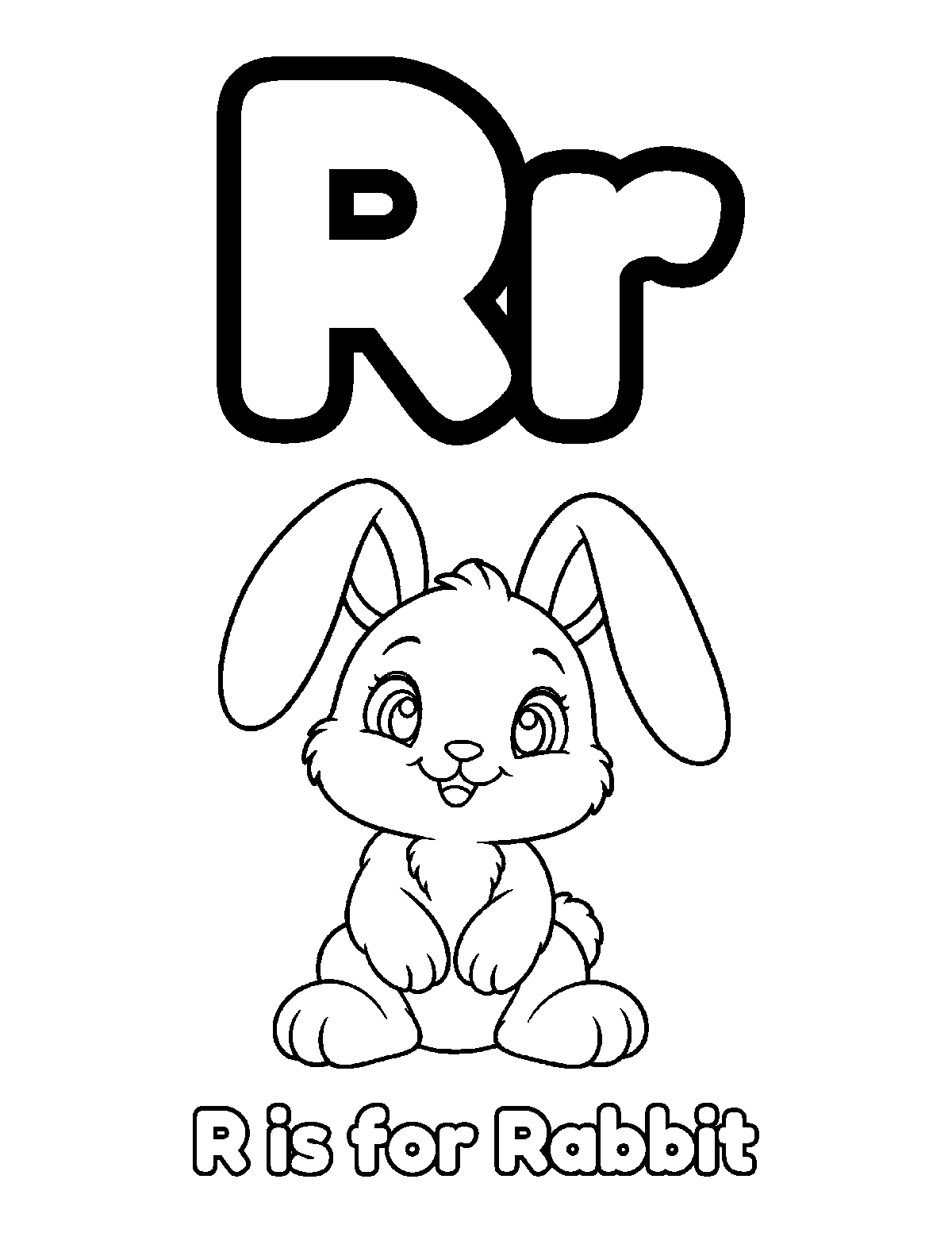 Coloring page of uppercase and lowercase letter R with a smiling rabbit and the words R is for Rabbit