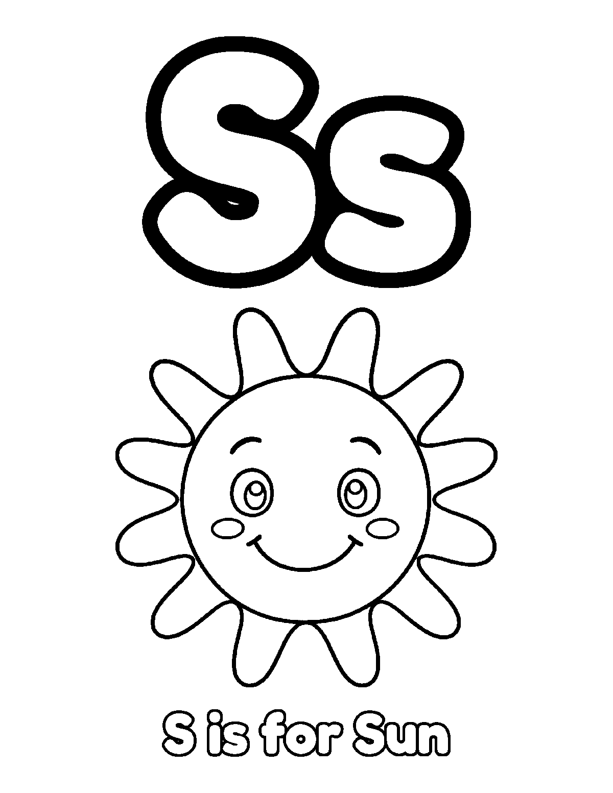 Coloring page of uppercase and lowercase letter S with a smiling sun and the words S is for Sun