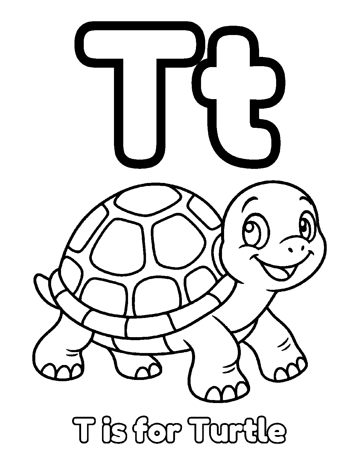 Coloring page of uppercase and lowercase letter T with a smiling turtle and the words T is for Turtle