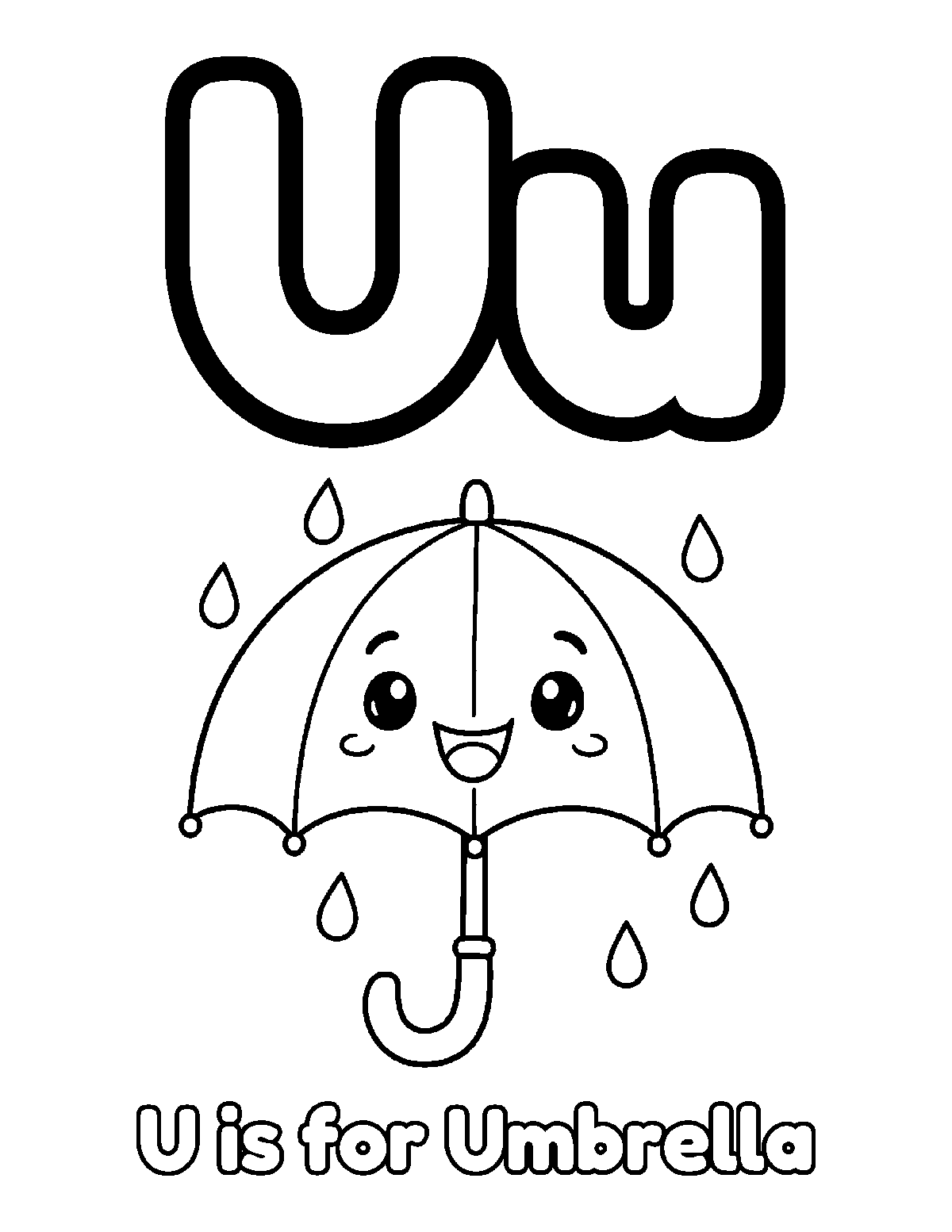 Coloring page of uppercase U and lowercase u with a smiling umbrella, raindrops, and the words U is for Umbrella