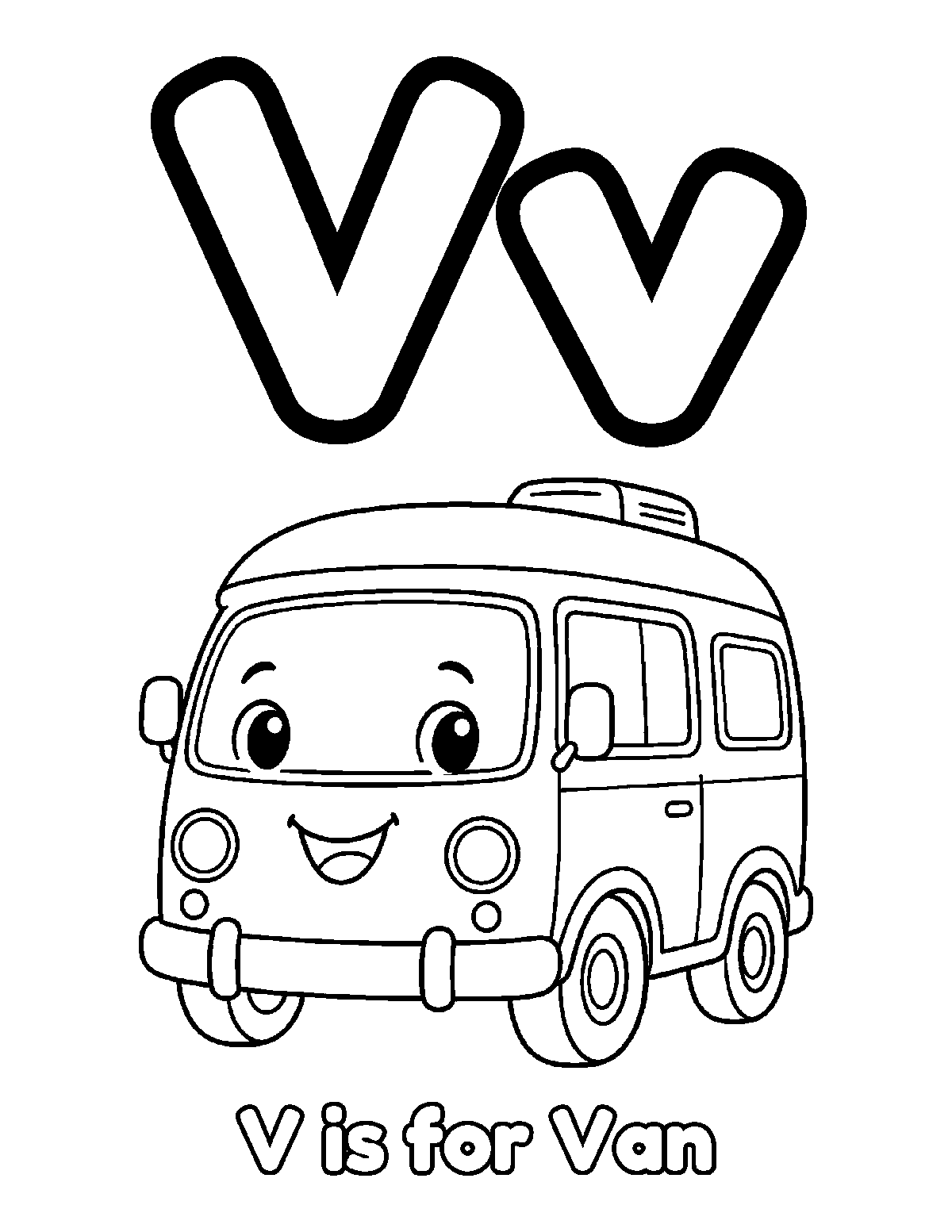 Coloring page of uppercase V and lowercase v with a smiling van and the words V is for Van