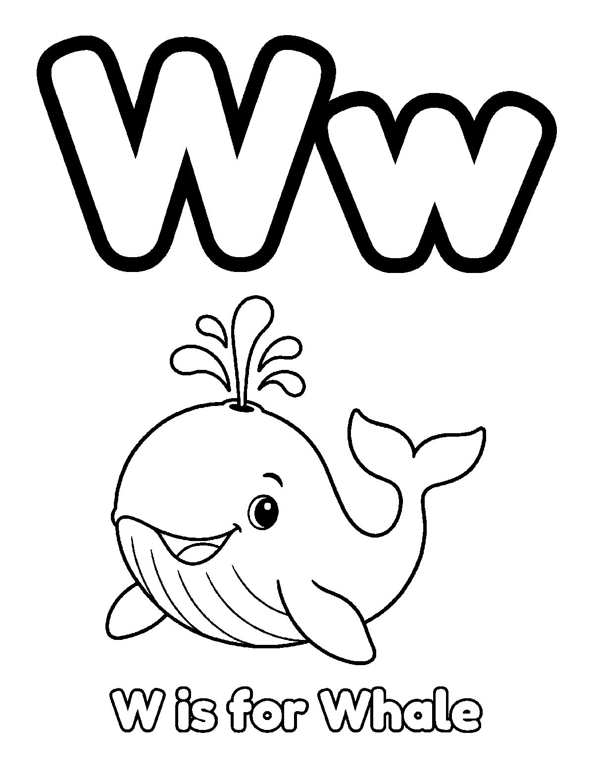 Coloring page of uppercase W and lowercase w with a smiling whale, water splash, and the words W is for Whale