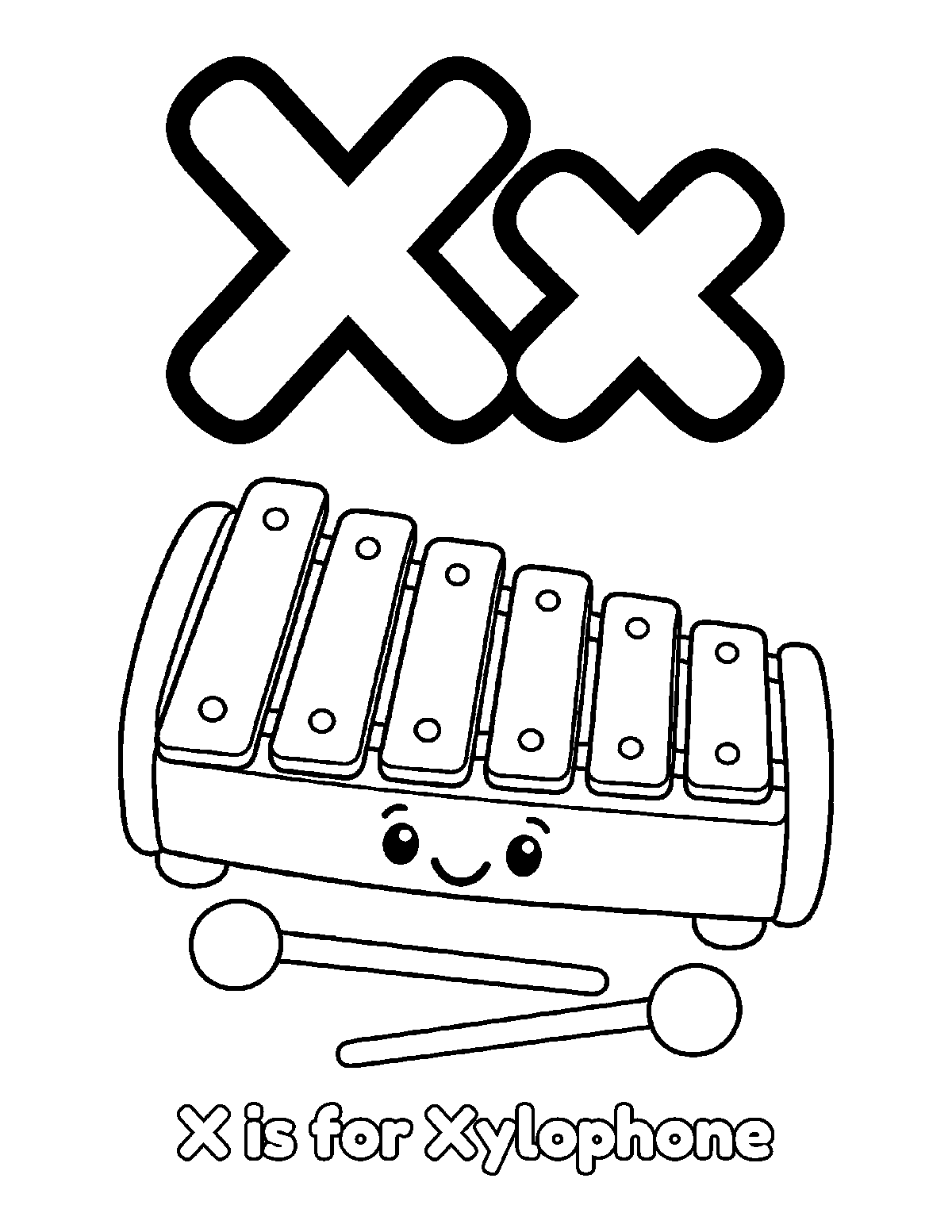 Coloring page of uppercase X and lowercase x with a smiling xylophone, two mallets, and the words X is for Xylophone