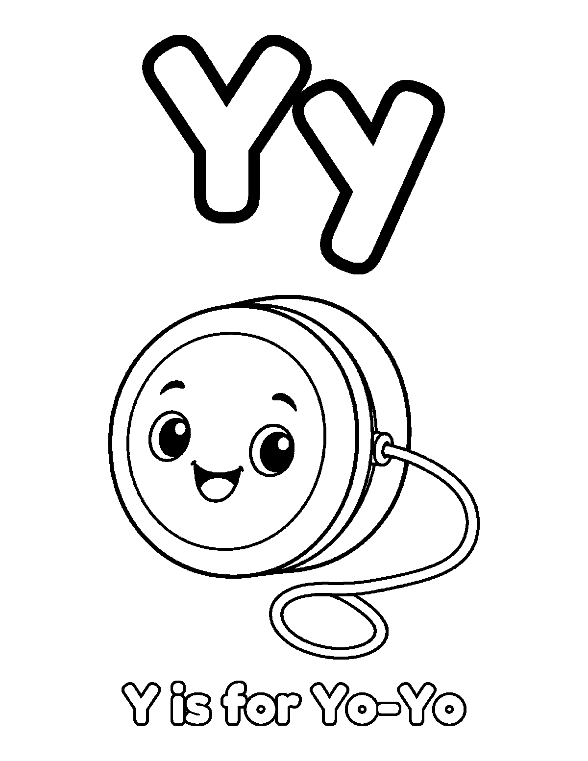 Coloring page of uppercase Y and lowercase y with a smiling yo-yo, looping string, and the words Y is for Yo-Yo