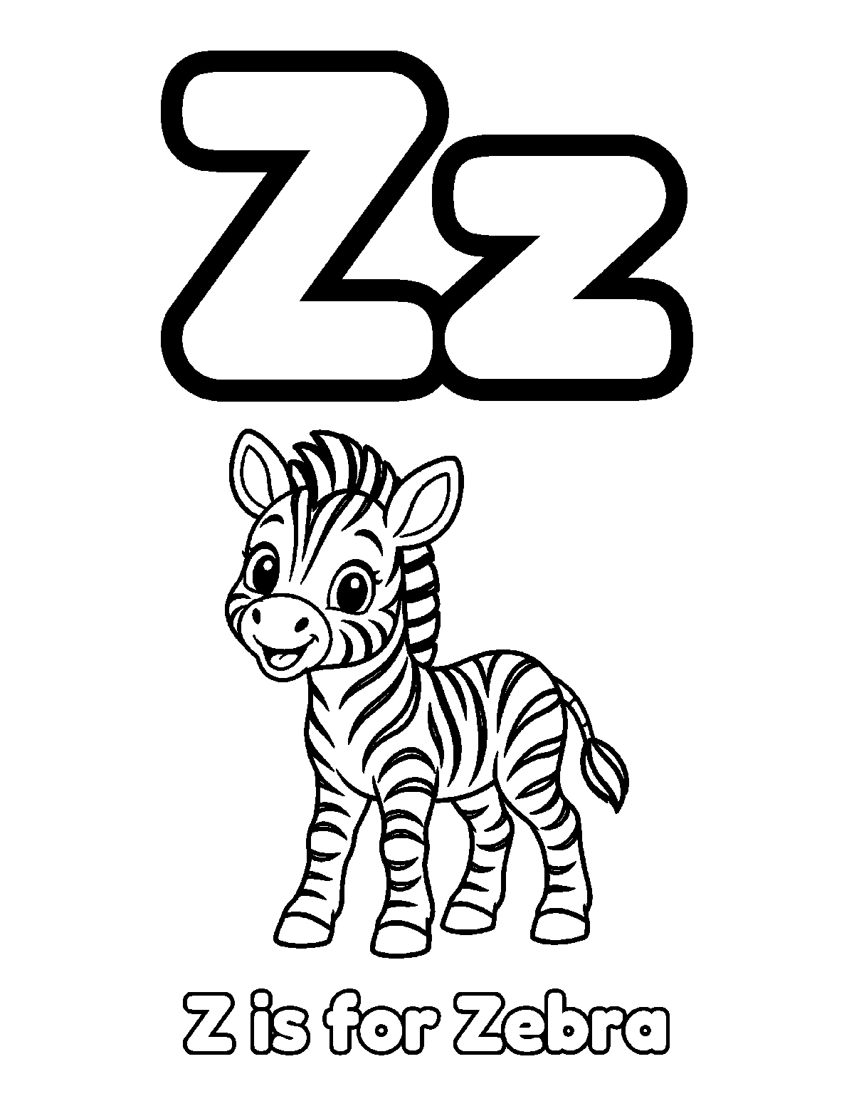 Coloring page of uppercase Z and lowercase z with a smiling striped zebra and the words Z is for Zebra