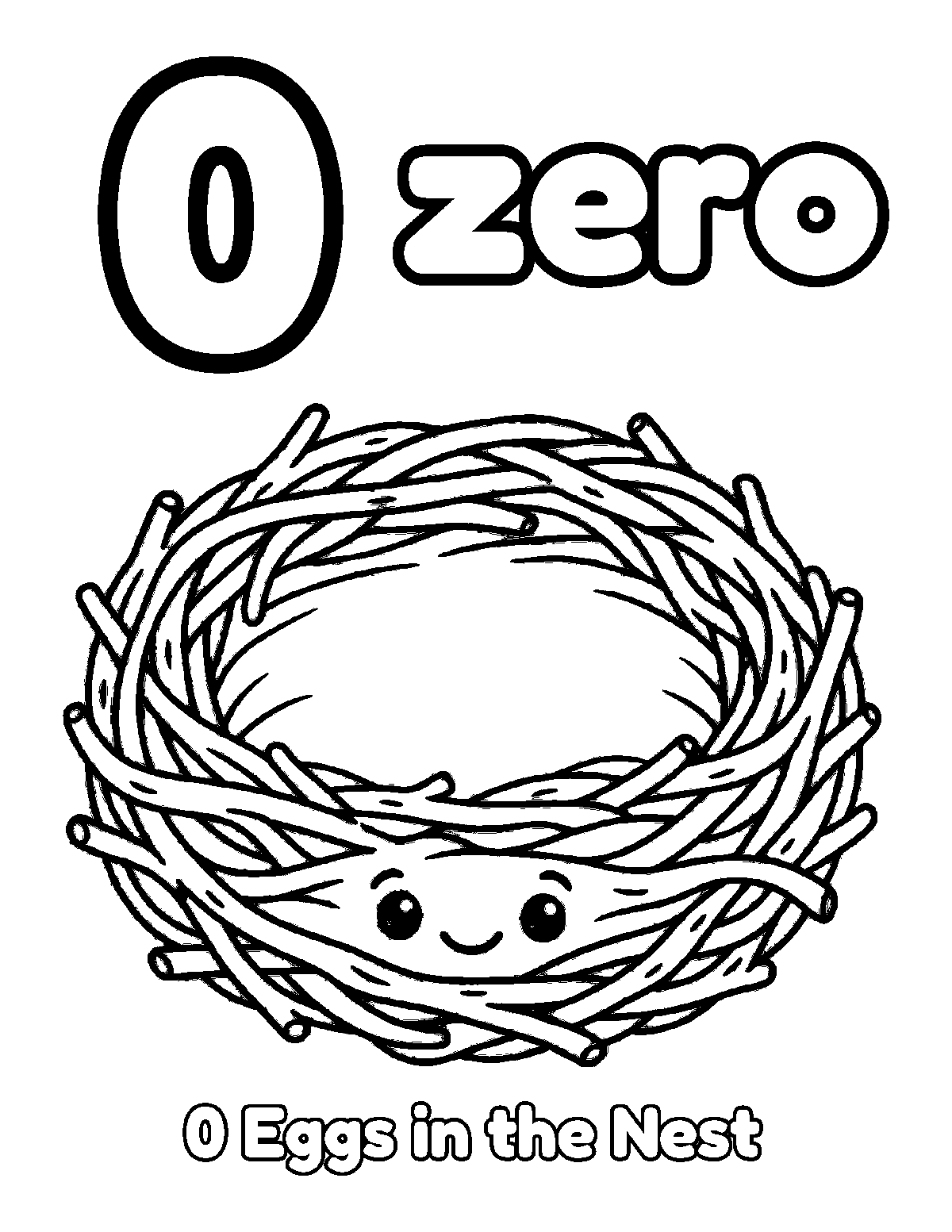 Coloring page of a big number 0, the word zero, and an empty nest with 0 eggs