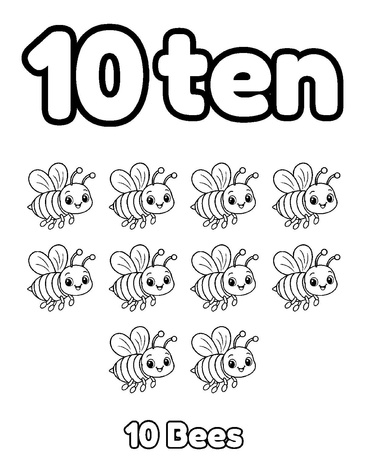 Coloring page of a large outline number 10 and the word ten with ten smiling bees