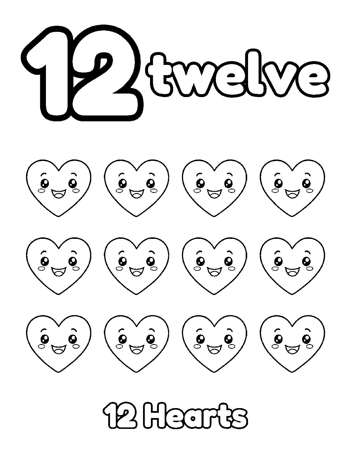 Coloring page of a large outline number 12 and the word twelve with twelve smiling hearts