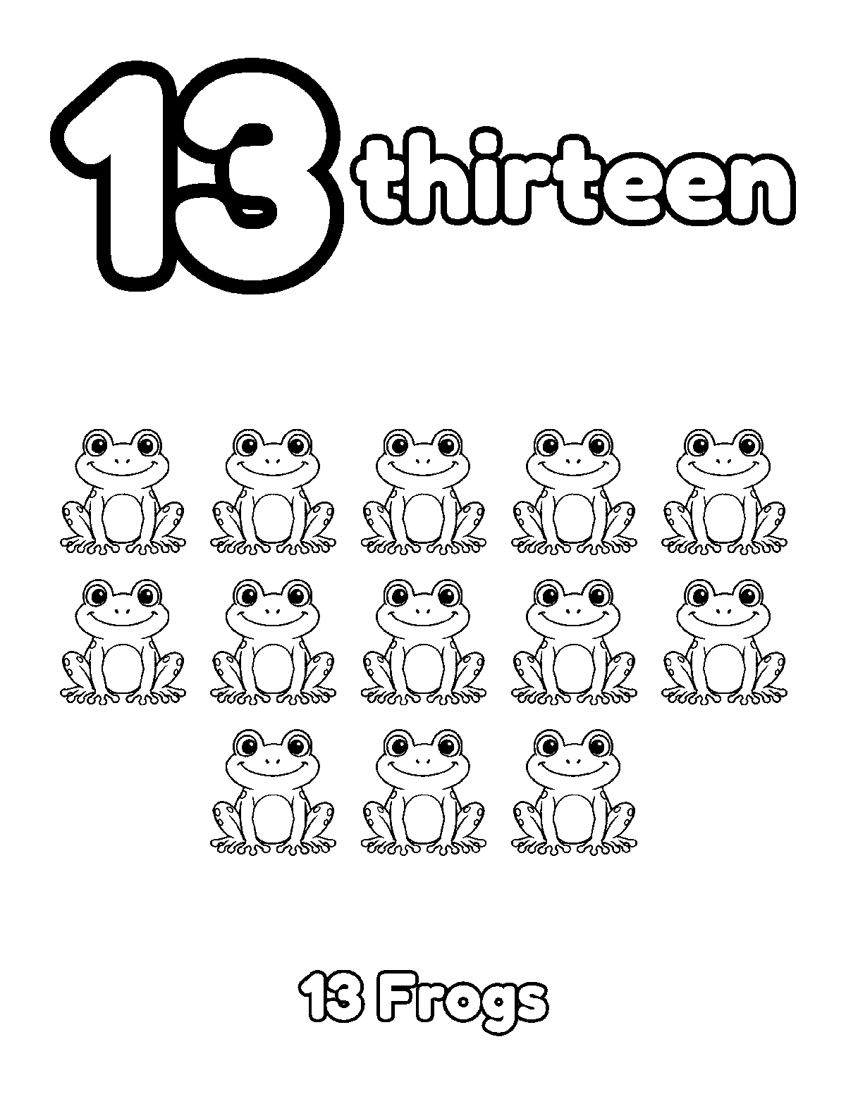 Coloring page of a large outline number 13 and the word thirteen with thirteen smiling frogs