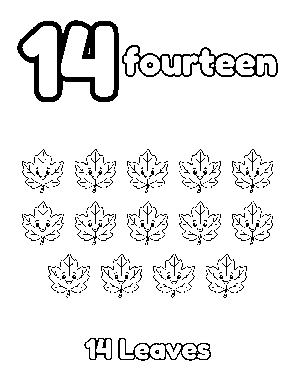 Coloring page of a large outline number 14 and the word fourteen with fourteen smiling leaves
