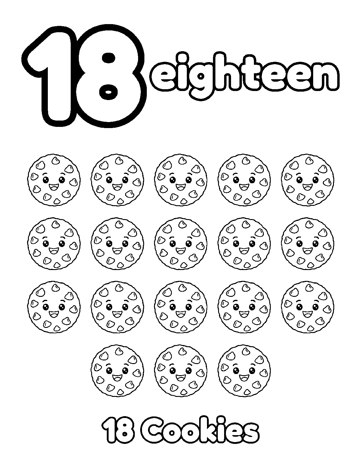 Coloring page of a big number 18, the word eighteen, and 18 smiling cookies