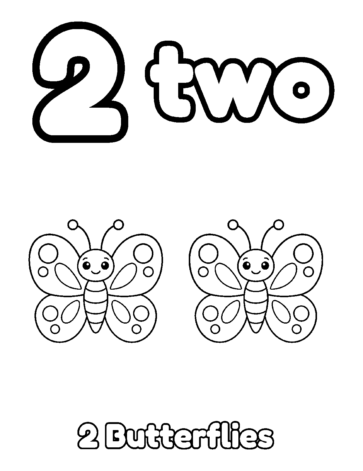 Coloring page of number 2 and the word two with two smiling butterflies and the words 2 Butterflies