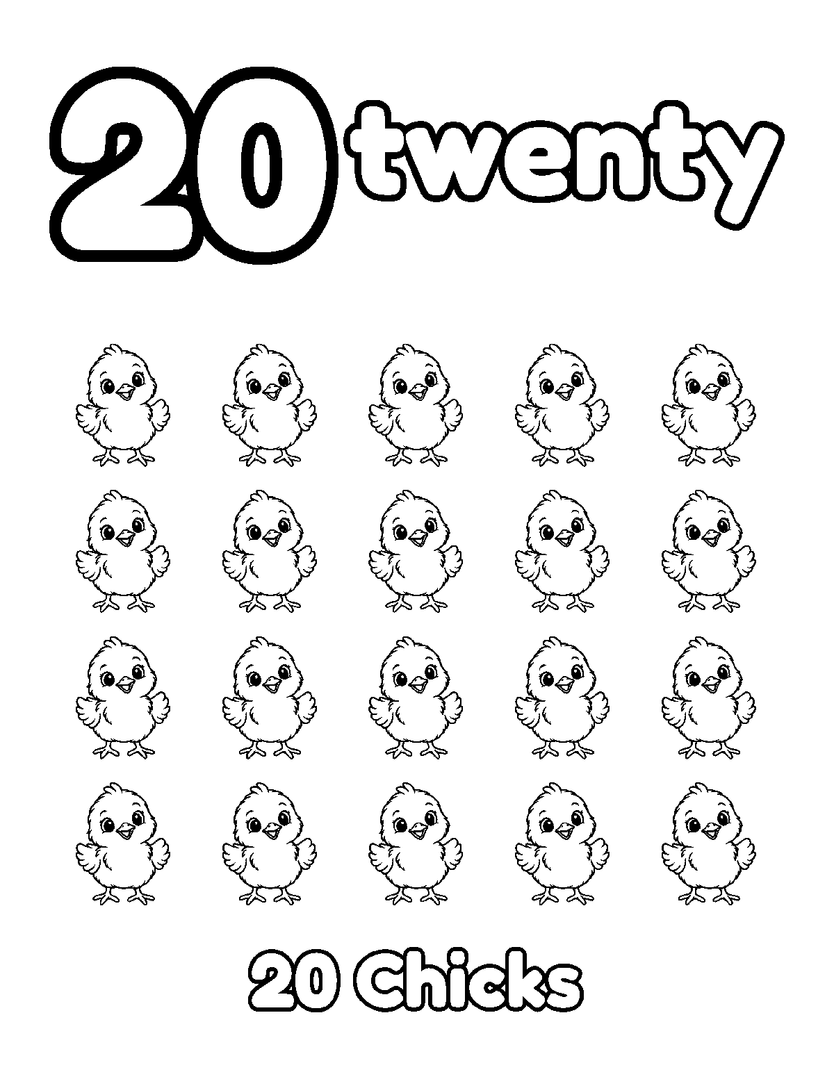Coloring page of a big number 20, the word twenty, and 20 fluffy chicks