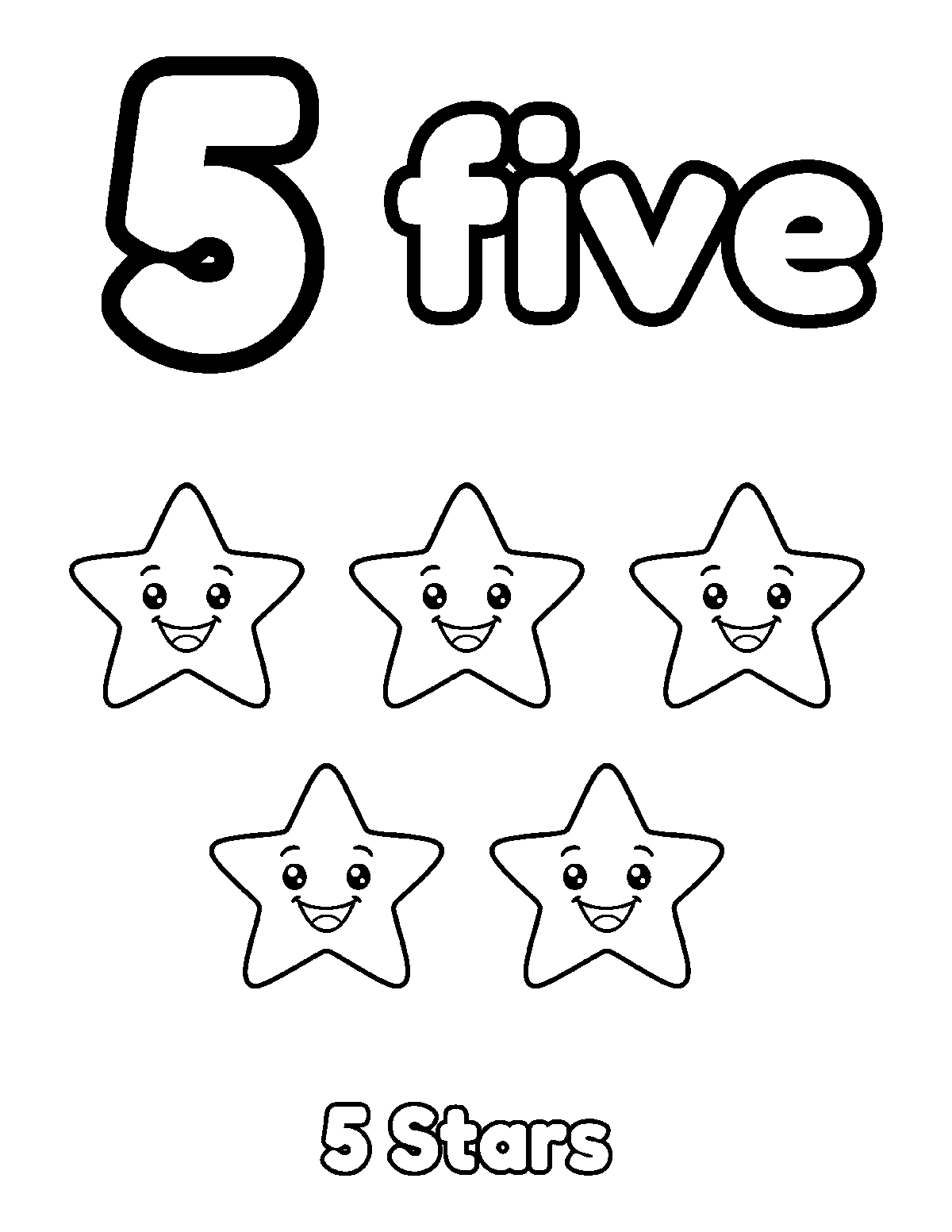 Coloring page of a large outline number 5 and the word five with five smiling stars
