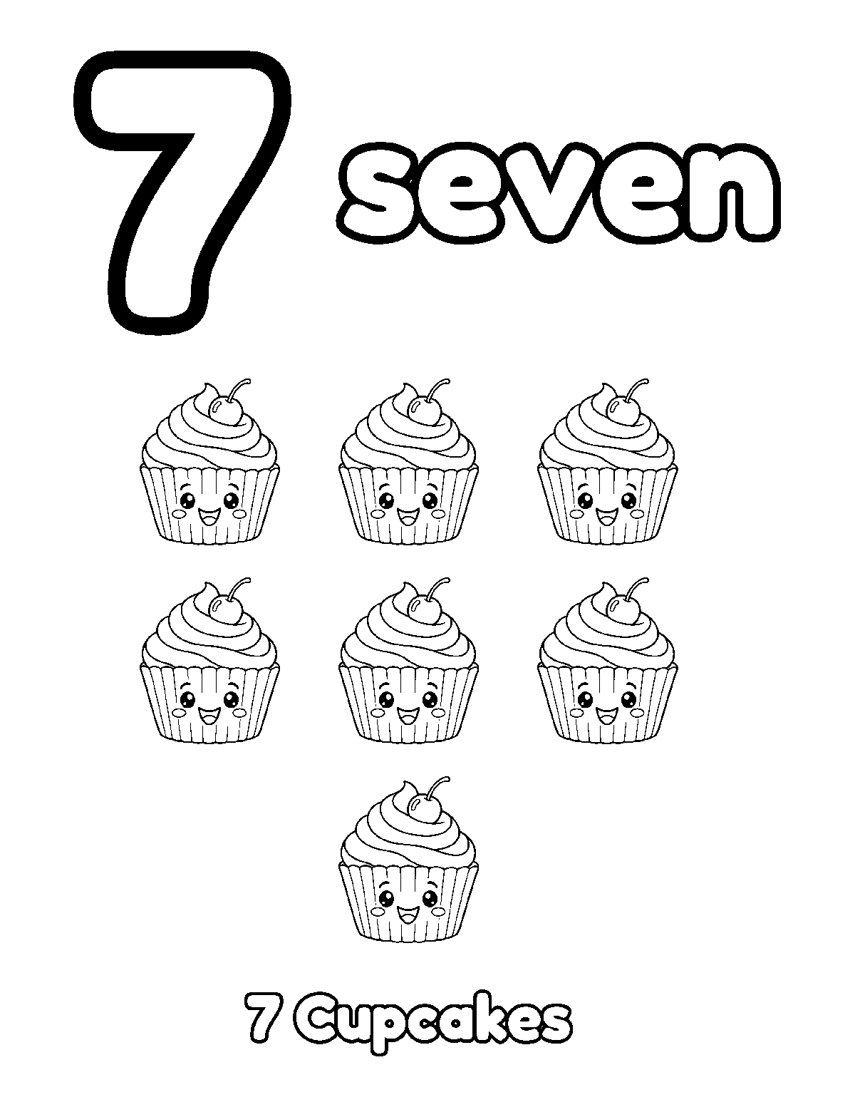 Coloring page of a large outline number 7 and the word seven with seven smiling cupcakes