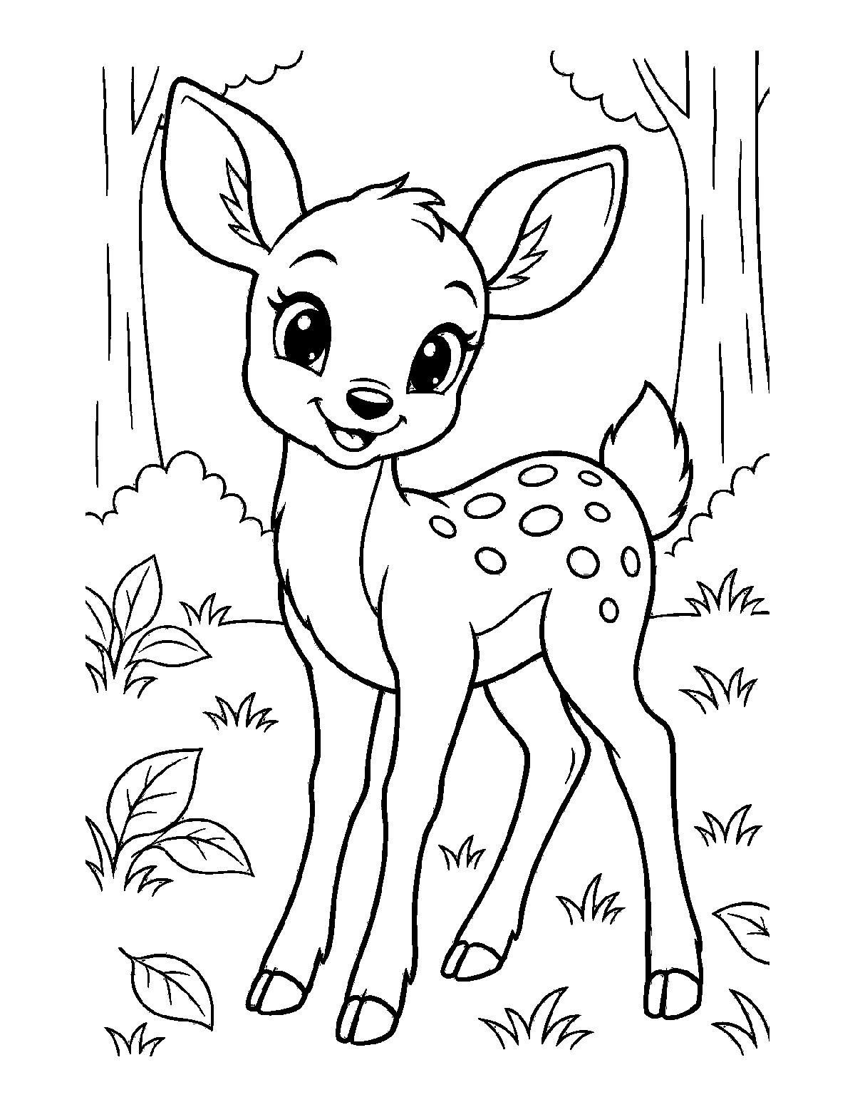 Coloring page of a smiling baby deer with spots standing in a forest clearing