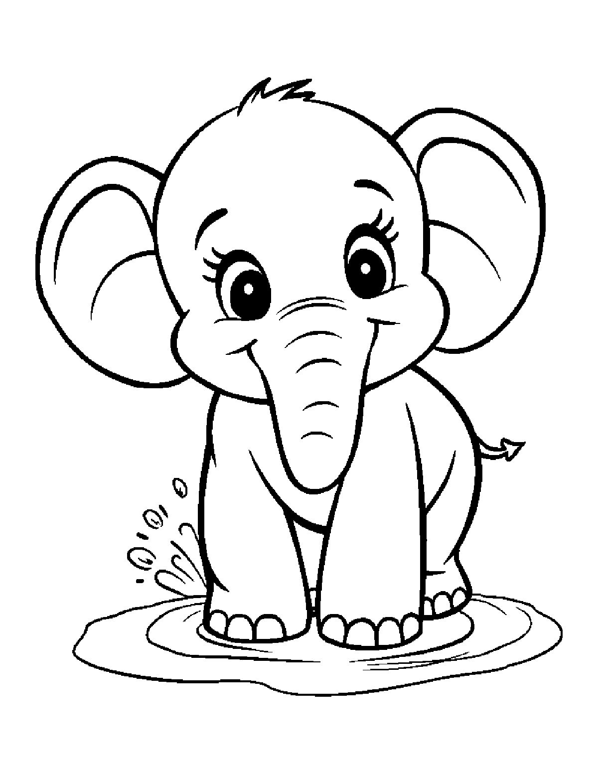Coloring page of a smiling baby elephant with big ears standing in a small puddle of water