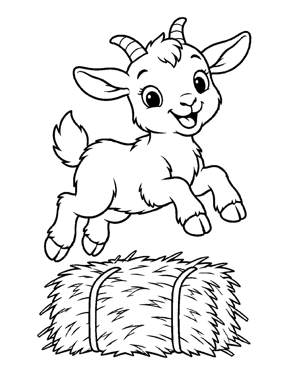 Coloring page of a smiling baby goat jumping above a hay bale