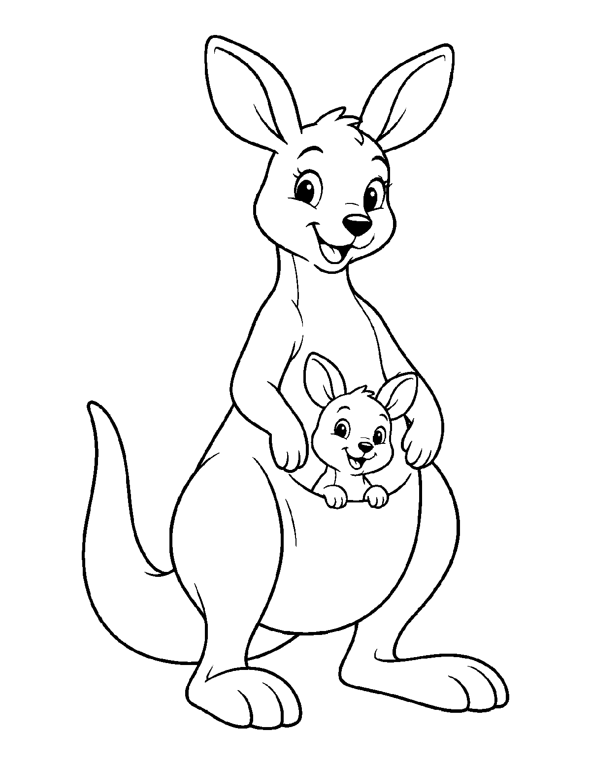 Coloring page of a smiling mother kangaroo with a baby joey peeking out of her pouch