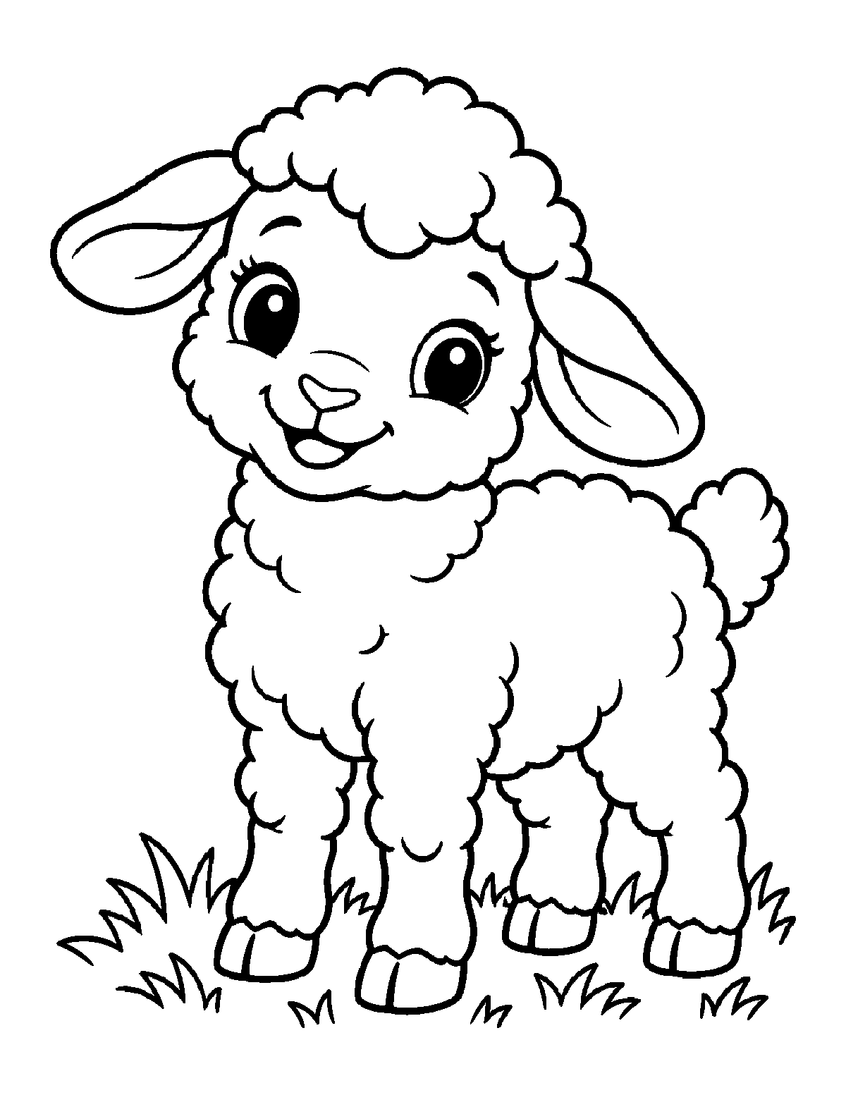 Coloring page of a fluffy baby lamb standing on grass