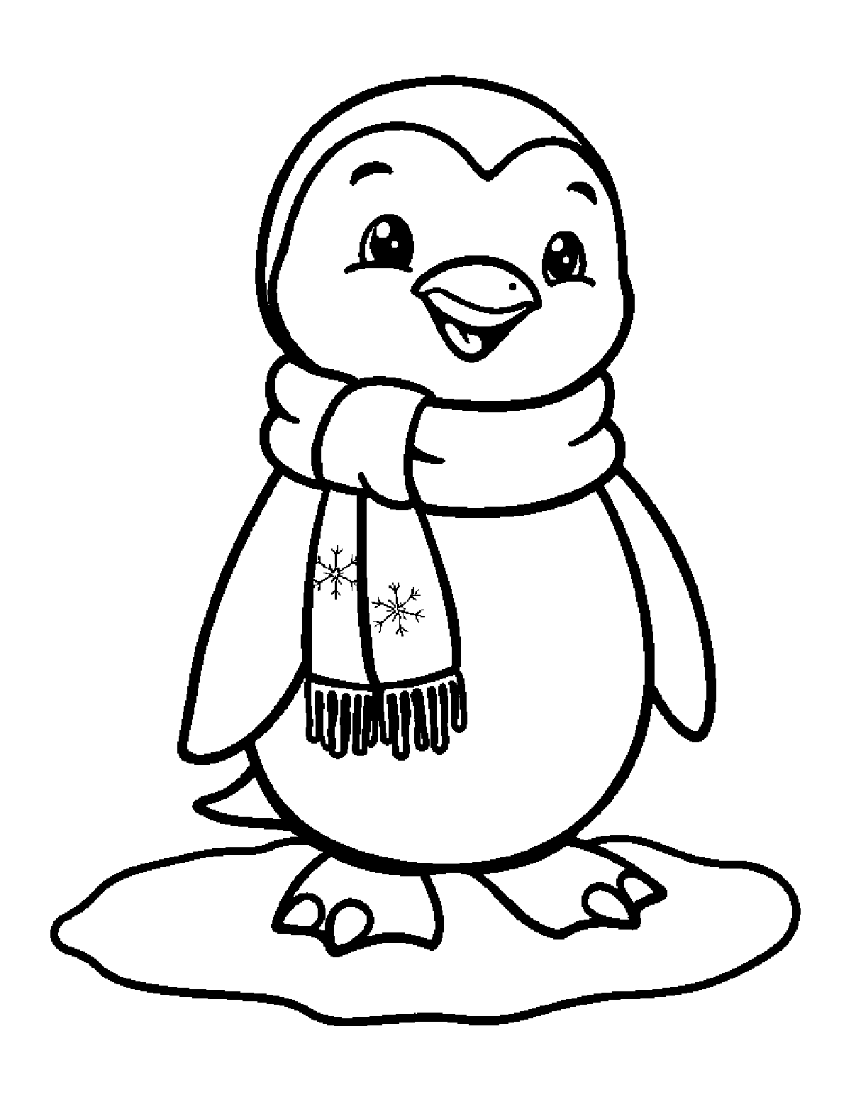 Coloring page of a smiling baby penguin wearing a scarf with a snowflake, standing on ice