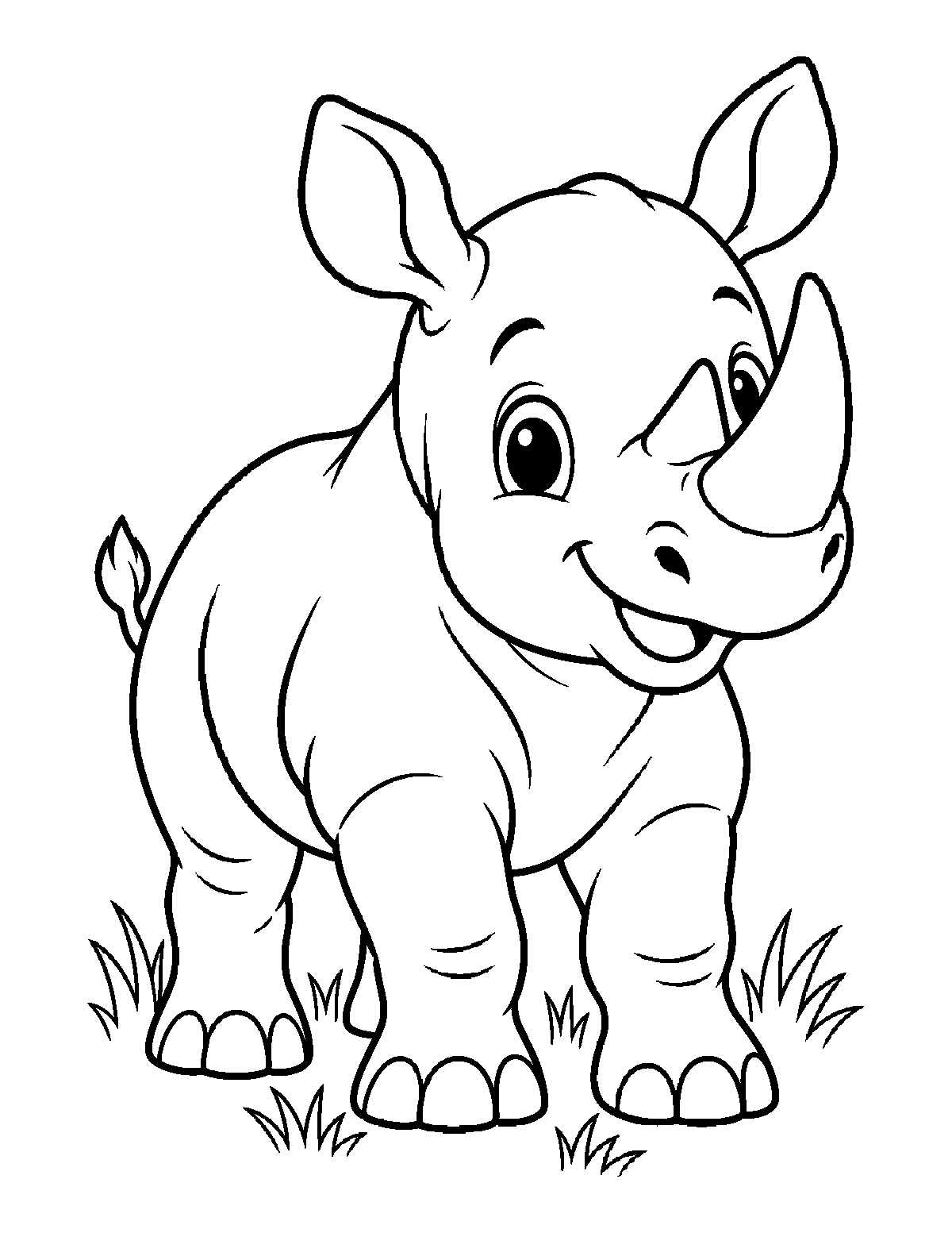 Coloring page of a smiling baby rhinoceros standing among small tufts of grass